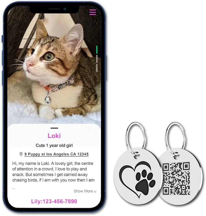 MYLUCKYTAG Stainless Steel QR Code Cat Tags - Online Pet Profile, Scan QR for Instant Location Alerts