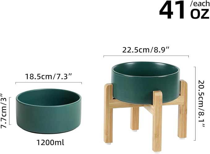 Ceramic Elevated Dog Bowl Set, Food and Water Bowl for Medium Dogs, Weighted Dishes, Green (7.3'', 41OZ)