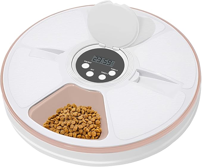 Automatic Cat Feeder, 6 Meal Timed Pet Dispenser Easily Programmable &Easy to Clean, Auto Feeder for Cats/Small Dogs (Pink)