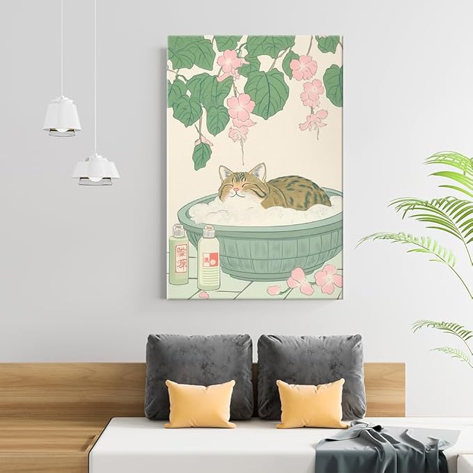 Vintage Tabby Cat in Bathtub Wall Art Funny Japanese Poster Print Relaxation Decor Cute Animal Pet Canvas Neutral Japan Painting for Bathroom Dorm Living Room Home Aesthetic 20x30inch Framed
