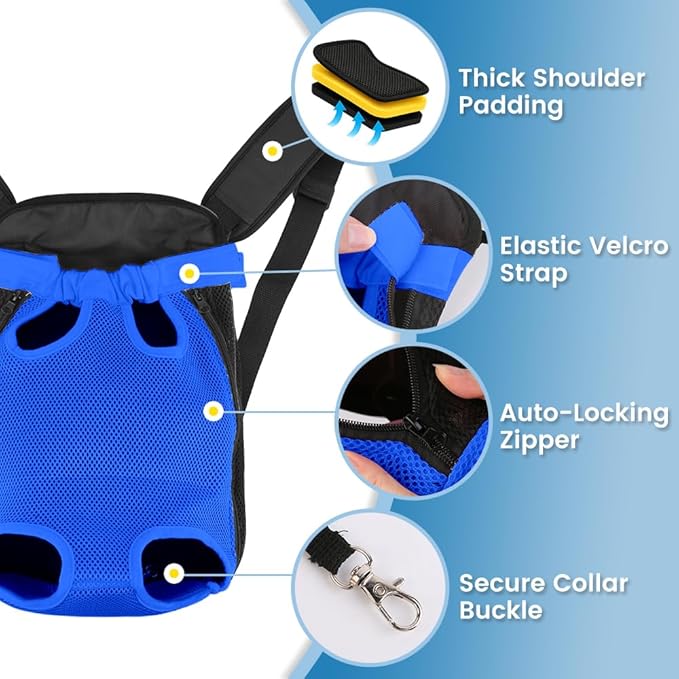 Dog Backpack Carrier, Pet Sling Front Backpack for Small Medium Dogs 10-16 Lbs, Legs Out, Adjustable Wearable Puppy Chest Travel Bag, Thick Straps & Cushion, Easy-Fit for Hiking/Walking/Camping