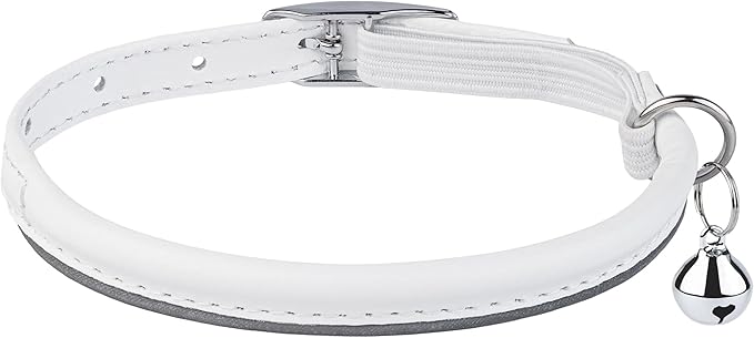 OOPSDOGGY Rolled Leather Cat Collar with Bell, Reflective Kitten Collars with Buckle Include Safety Elastic Strap - Adjustable Small Pet Collars for Boy Girl Cats (White)