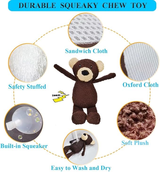 3-Layered Stuffed Dog Toys for Small Medium Dogs, Soft Plush Squeaky Dog Toys to Keep Them Busy for Small Medium Large Breed, Cute Animals Puppy Teething Chew Toys - Bear S