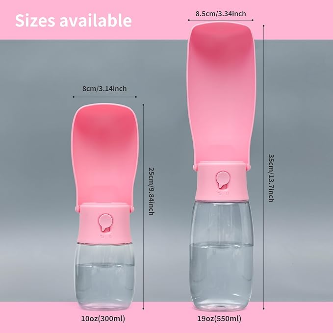 Dog Water Bottle, Leak Proof Portable Puppy Water Dispenser, Travel Puppy Water Bowl, Foldable Transparent Dog Water Bottle for Pets Outdoor Walking, Hiking, Travel, Food Grade Plastic - 10oz Pink