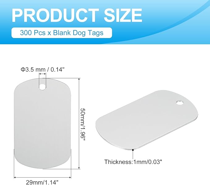 MECCANIXITY Blank Dog Tags Rectangle Blank Aluminum Blank Keychains Laser Engraving Blanks ID Name Tag Metal Personalized Pet Tags for DIY Crafts Silver, 300 Pack
