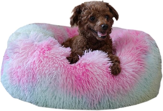 Rainbow Donut Dog Bed Small Washable,Calming Dog Bed for Small Dogs,20 inches Donut Fluffy Pet Beds,Anti Anxiety Round Fits up to 10 lbs Soft Warm Pets Beds for Puppy Dogs Indoor