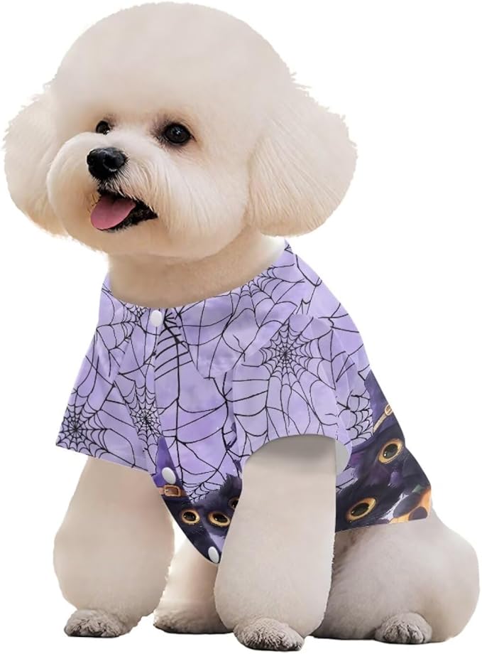 Black Cat Dog Halloween Shirt for Medium Dogs Puppy Polo T-Shirt with Collar Cute Holiday Costume for Chihuahua, Yorkie & Teacup Breeds Breathable Dog Apparel for Cat Boys Girls