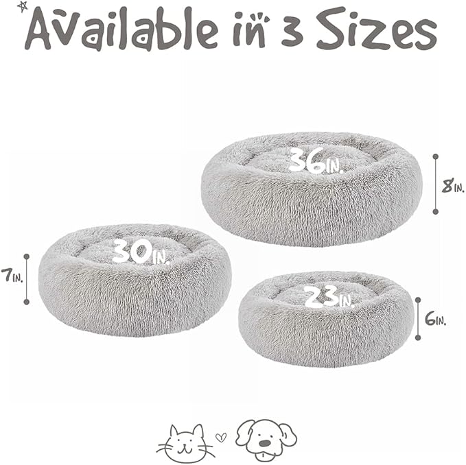 Friends Forever Donut Dog Bed Faux Fur Fluffy Calming Sofa For Large Dogs, Soft & Plush Anti Anxiety Pet Couch For Dogs, Machine Washable Coco Pet Bed with Non-Slip Bottom, 36"x36"x8" Grey