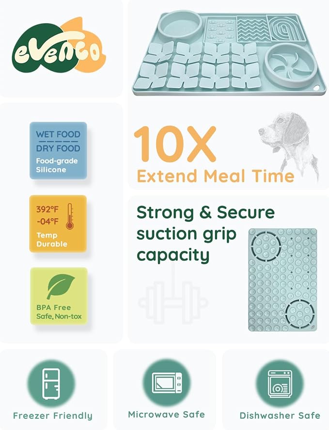 Slow Feeder Bowl for Dogs and Cats, Silicone Lick Mat & Snuffle Mat with Suction Cups - Interactive Puzzle Feeder, Slow Eating, Keep Busy and Reduce Vomiting (15.75" x 10.5" Mint Green)