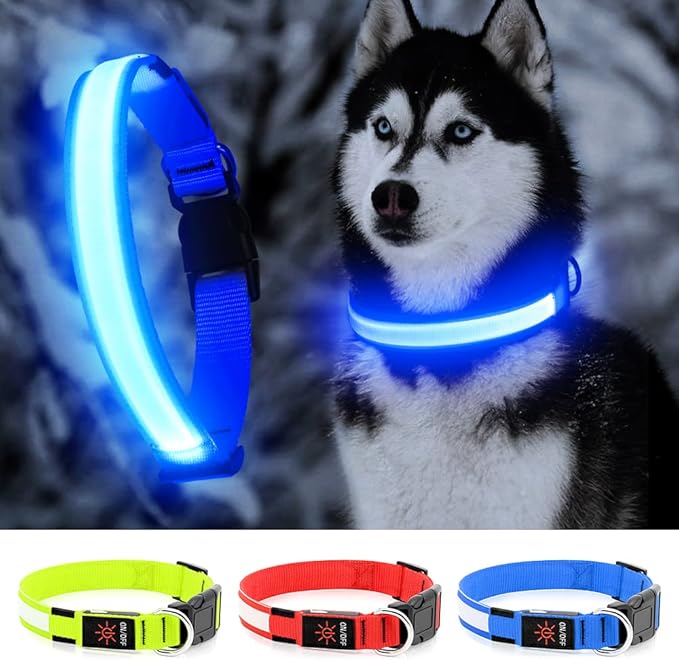 YFbrite Ultra Light Adjustable LED Dog Collar, Light up Dog Collars Rechargeable Glowing in The Dark Collars Visiblity & Safety for Small, Medium, Large Dogs (Blue, Large)