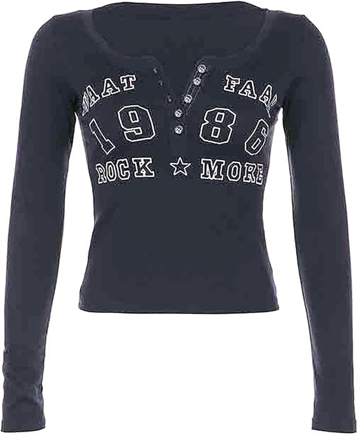 Xineicy Women's Y2K Long Sleeve Henley Tops Casual T-Shirts for Women Slim Fit Vintage Graphic Crop Tops