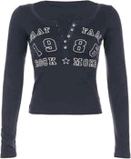 Xineicy Women's Y2K Long Sleeve Henley Tops Casual T-Shirts for Women Slim Fit Vintage Graphic Crop Tops