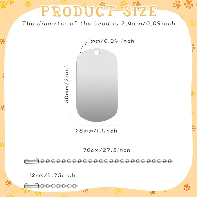 Yinkin 200 Pcs Personalized Military Dog Tags Set Including 100 Pcs Aluminum Blank Dog Tags for Engraving 100 Ball Steel Chain Rectangle Metal Blank Stamping Label for DIY Craft(Silver)