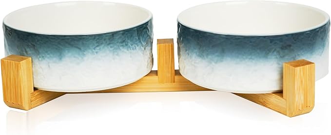 YOBRO Elegant Dog Bowls Set for Small Breeds, Beautiful Ceramic Stone Alike Style, Pet Bowl Set with Wooden Stand, Non-Slip,Modern Food or Water Dishs for Small Size Dogs, Gifts for Dog Owners, Blue