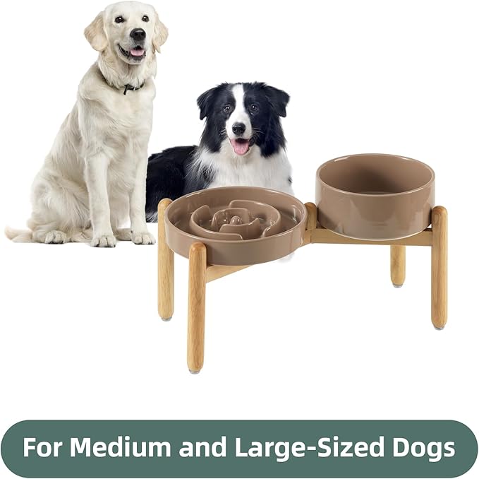 Ceramic Raised Slow Feeder Dog Bowl Set, Elevated 7.3inch Bowl and 8.2inch Puzzle Slow Dish with Wooden Stand for Medium and Large Dog, Anti-Gulping (2X Brown Coffee+ Stand)