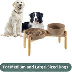Ceramic Raised Slow Feeder Dog Bowl Set, Elevated 7.3inch Bowl and 8.2inch Puzzle Slow Dish with Wooden Stand for Medium and Large Dog, Anti-Gulping (2X Brown Coffee+ Stand)