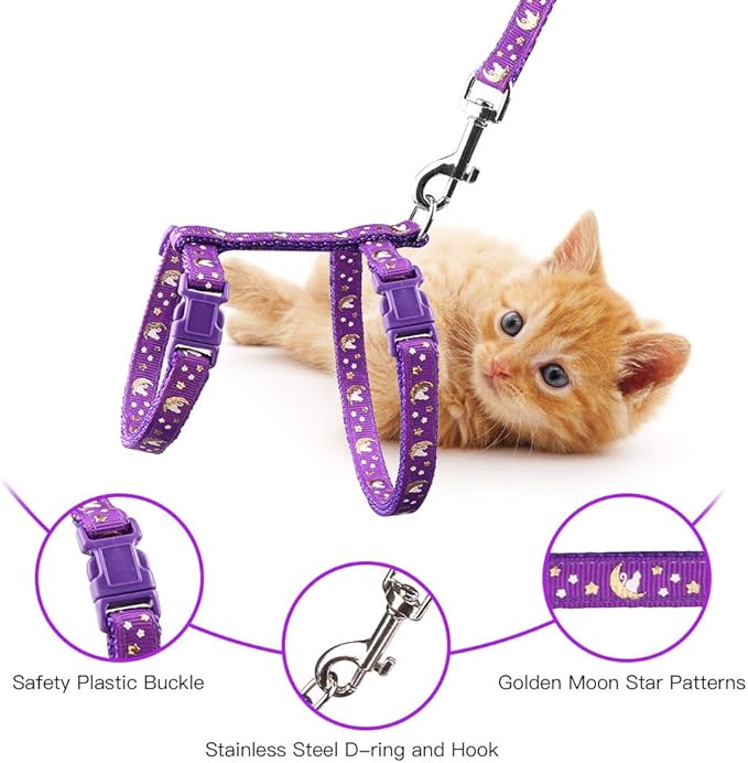 Cat Harness and Leash Set Gold Moons Soft Nylon Escape Proof Adjustable for Kittens Small Animals Glow in The Dark(Purple)