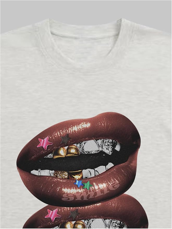 Verdusa Women's Lips Print Graphic Tees Y2k T Shirts Summer Crew Neck Vintage Going Out Tops