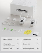 ZUMIMALL 3MP Outdoor Camera Wired 2.4G/5G WiFi - 2-Pack, 24/7 Recording, AI Motion Detection, Cloud & SD Card Storage, 2-Way Audio, PTZ Camera Auto Tracking, Compatible with Alexa Google