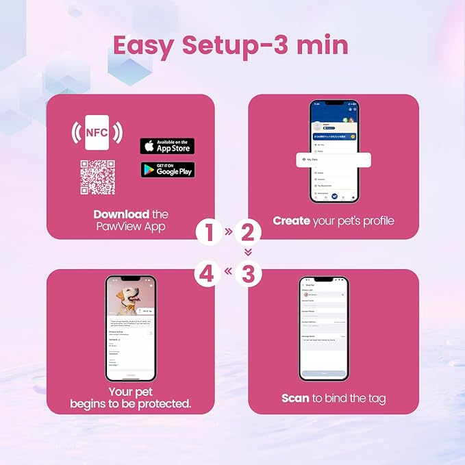 Dog ID Tag with QR Code & NFC, Silent Silicone Dog Name Tags Personalized for Pets - Scan QR for Instant Location Alert, Emergency Contact and Modifiable Pet Profile (Pink)