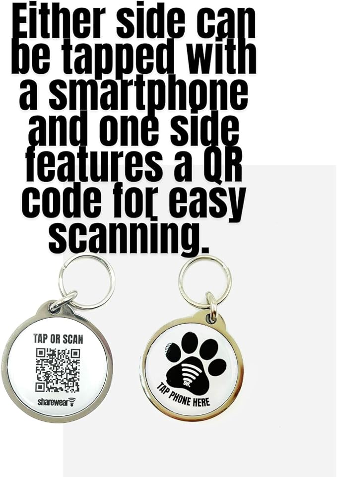 Waterproof NFC & QR Code Smart Pet ID Tag, Free Modifiable Digital Profile, No Subscriptions, No Apps Needed, Compatible with Smartphones. (White)