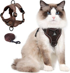 Cat Harness and Leash Set, Upgraded Escape Proof Adjustable Kitten Vest with Lead for Small Cat Outdoor Walking, Soft Breathable Mesh Jacket with Reflective Strips for Dark Night S Coffee Brown