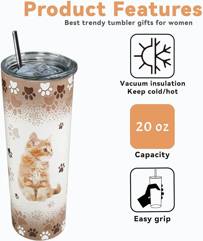 Cat Tumbler, Funny Cat Gifts for Cat Lovers, Cat Travel Mug/Coffee Mugs/Water Bottle, Cat Lover Gifts for Women, Cute Cat Stuff/Decor for Cat Lovers, Cat Themed Gifts for Women, Girls - Cat Cup 20 Oz