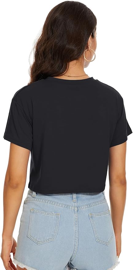 Womens Summer Crop Tops Short Sleeve Round Neck T-Shirts Loose Fit Casual Blouse