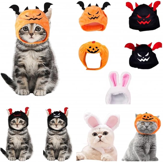 5 Pcs Halloween Cat Hat Cat Costume Pumpkin Cat Hats Bat Cosplay Hats,Kitten Puppy Dress Up Valentines Halloween Easter Costume Adjustable Accessory Headwear(Wacky Style)