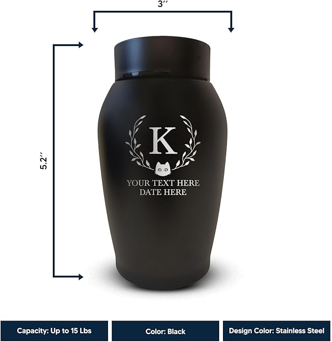 Personalized Custom Small Keepsake Urn Engraved with Pet Name, Date and Cat Design - 5.2" Black Powder Coated Steel Cremation Urn for Cat Ashes | 12-16 lb Capacity, Cat Face + Leaves Borders