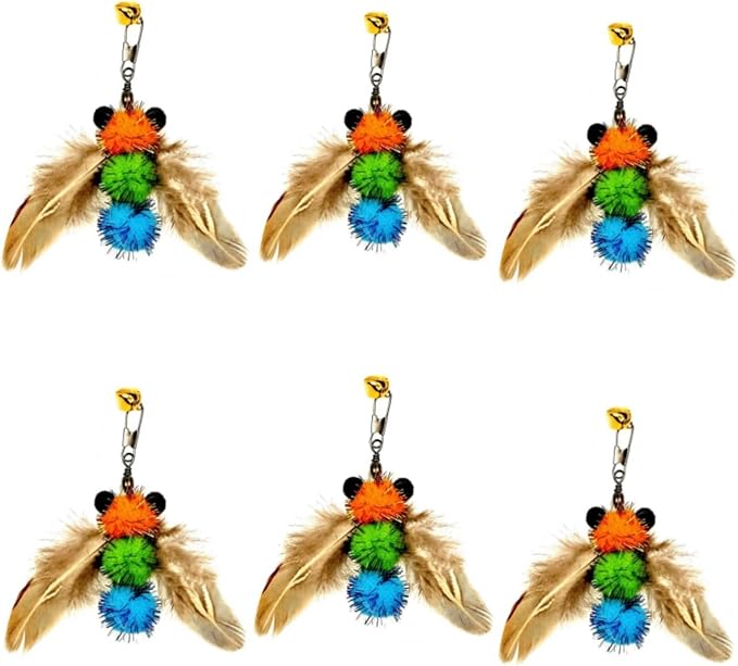 6 PCS Insect Bees,Feather Cat Toys, Kitty Wand Toy Refill,Cat Toy Wand Replacement Attachments,Kitten Feather Refills,Insect Interactive Teaser Wand Feathers