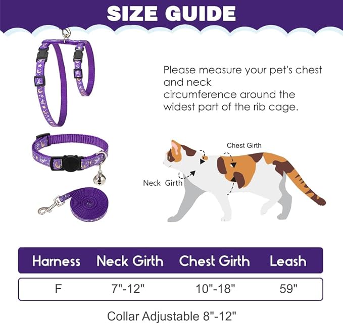 PAWCHIE Cat Harness with Leash and Collar Set - Escape Proof Adjustable H-shped Cat Harness with Star and Moon Pattern Glow in The Dark for Kitty Outdoor Walking