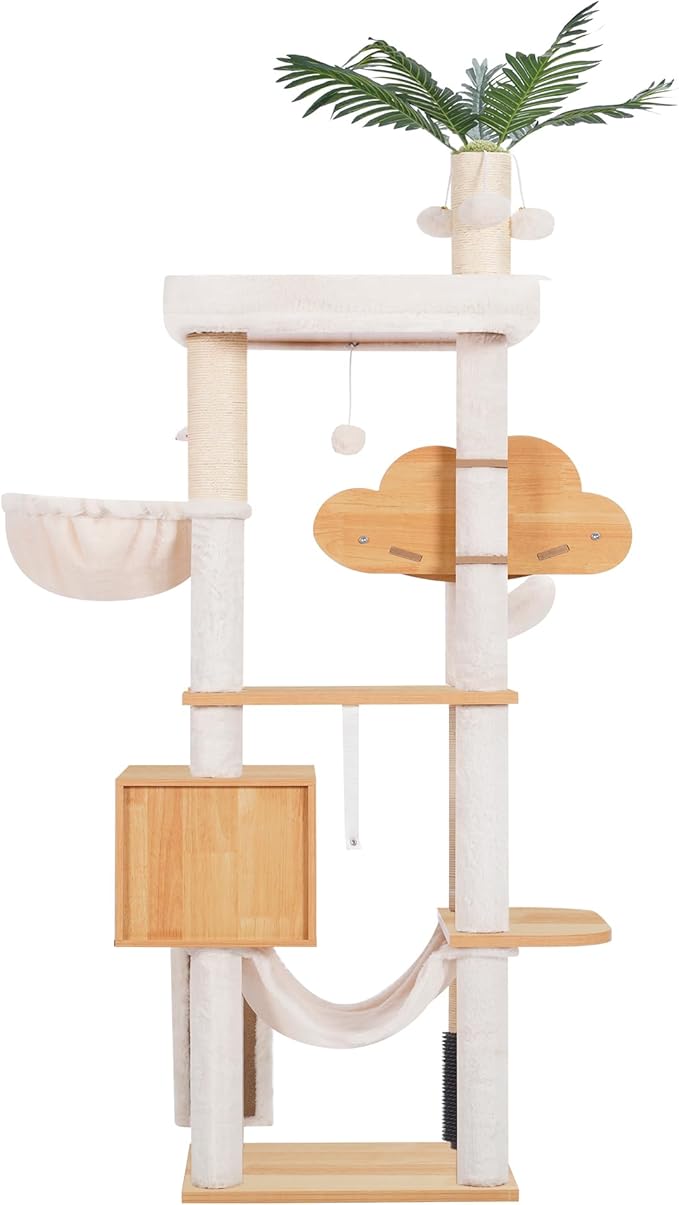 Heybly Wood Cat Tree for Indoor Cats, Cat Condo for Large Cats with Self Groomer, Modern Cat Scratching Tower with Basket, Hammock, Dangling Ball and Leaves, Walnut HCT120WB