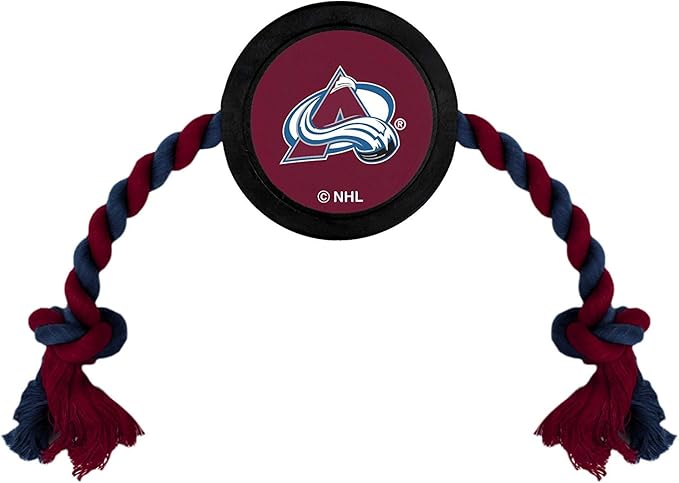 Pets First Dog Rubber Toy with Heavy-Duty Rope Tug, NHL Colorado Avalanche Puck Toy for Dogs & Cats - Play Hockey with Your Pet!