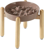 8.2inch Ceramic Dog Raised Slow Feeder Set, Elevated Bowl with Wooden Stand for Large and Medium Dog, Slow Feeder Dish for Fast Easters, Stop Bloat(Brown Coffee, Single Bowl+ Stand)