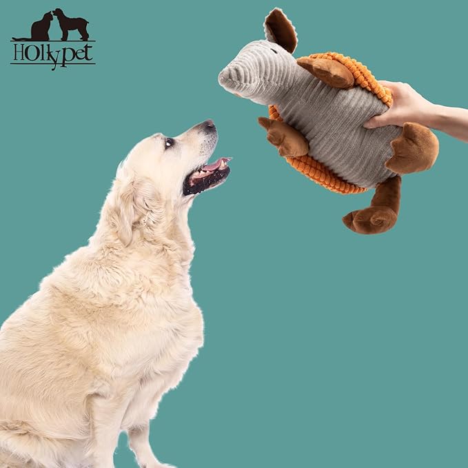 Hollypet Plush Dog Squeaky Toy Stuffed Armadillo Animal Pet Puppy Chew Toys with Clean Teeth for Small Medium Large All Breed Sizes Dogs, Orange, 14 in