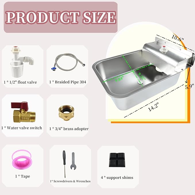 Small Automatic Dog Water Dispenser, 9L Stainless Steel Dog Water Bowl for Outdoor, for Puppies, Kittens, Lambs,Chickens, Livestock,Anti Tip, Fits GHT 3/4'' Faucet