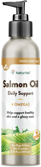 NaturVet – Salmon Oil Skin & Coat Plus Omegas – Supports Healthy Skin & Glossy Coat – Source of Omega-3 & 6 Fatty Acids – for Dogs & Cats (8.75 oz Oil)