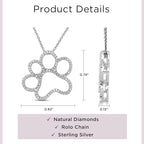 Jewelili Sterling Silver or Yellow Gold Plated Sterling Silver Dog Paw Pendant Necklace for Women | Treated Black or Natural White Round Diamonds | 18" Rolo Chain | Luxury Jewelry Gift for Her | Gift Box Included