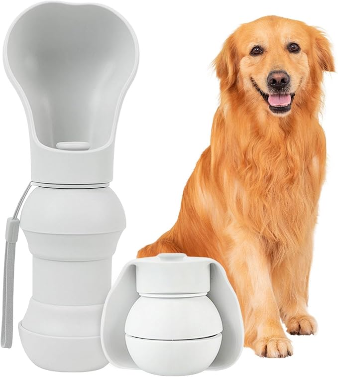 Dog Water Bottle Portable,Collapsible Food Grade Silicone,Travel Dog Water Bottle for Outdoor Walking, Hiking, Camping,Water Dispenser with Folding Bowl,Gray
