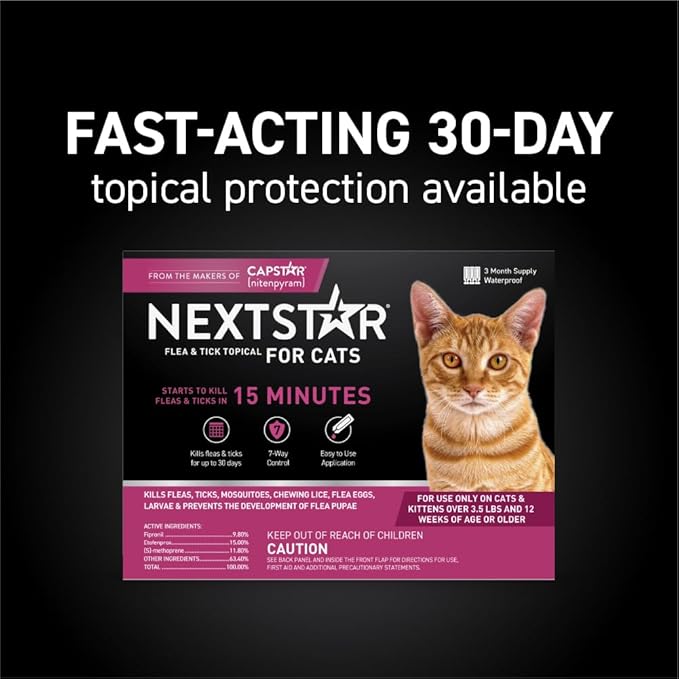 NEXTSTAR Flea and Tick Prevention for Cats, Repellent and Control, Fast Acting Waterproof Topical Drops, Flea Prevention for Cats Over 3.5 lbs, 1 Month Dose