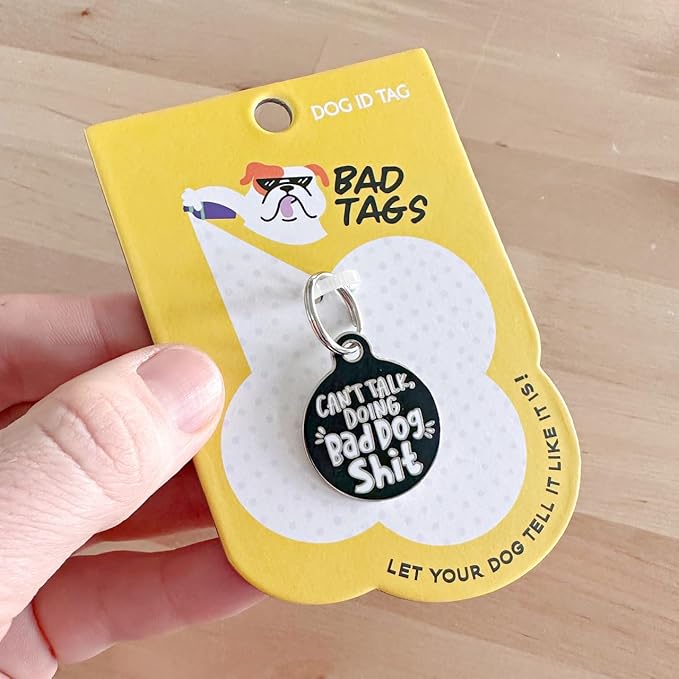 Personalized QR Code Dog Tags - Choose from 25+ Tag Designs - QR Code Links to Your Profile - Unique, Cute, Funny, Sassy Pet ID Tag (Can't Talk Doing Bad Dog Sh*t, Large (1.25 inch))