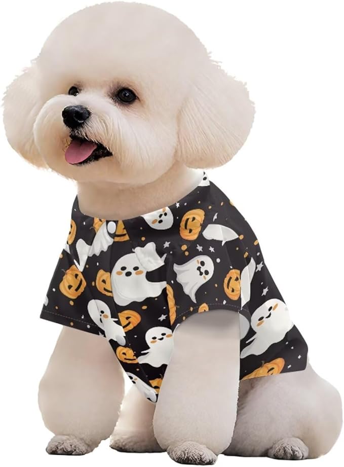 Dog Halloween Shirt Ghost Puppy Clothes Breathable Polyester Pet Doggy Shirts Puppy Outfit Apparel Coats for Pet Dog Cat Doggie Shirt Summer Cat Apparel for Yorkie Chihuahua