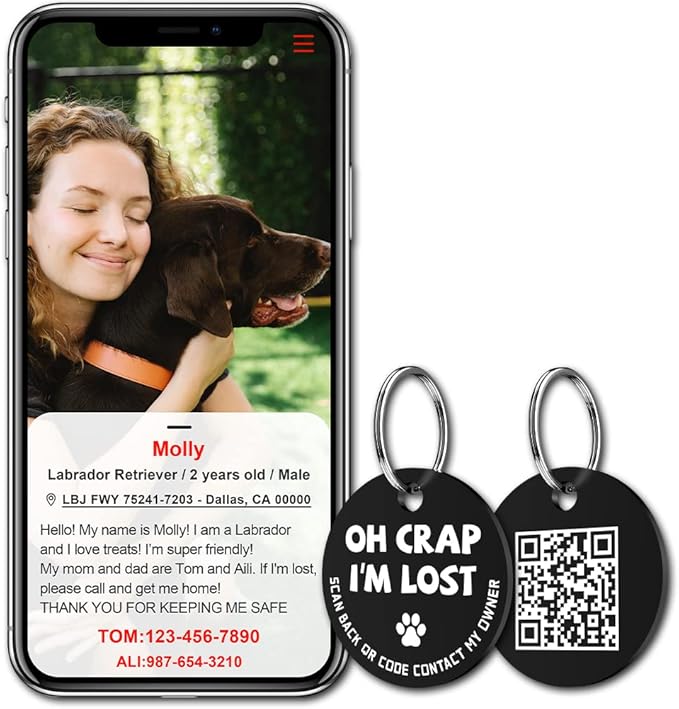 MYLUCKYTAG Stainless Steel QR Code Dog Tags - Scan QR for Instant Pet Location Alert Email