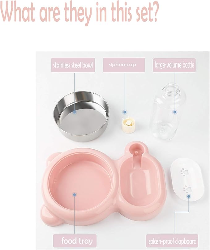 Rabbit Double Bowls Bunny Automatic Water Dispenser Detachable Stainless Steel Bowl No-Spill Water Bottle Food Feeder for Small Animals Bunny Squirrel Cat Puppy Chinchilla