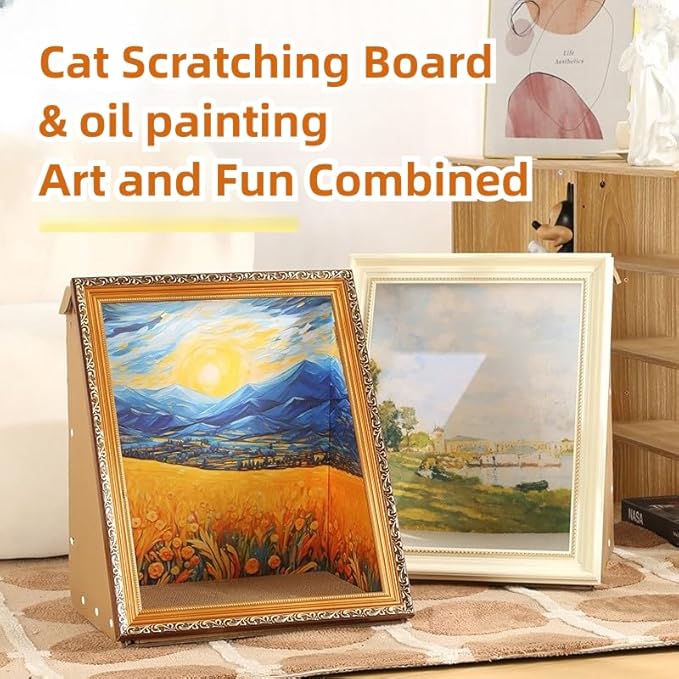 Oil Painting Cat House with Scratcher,Cat Bed Art Picture Frame Scratching Board Playing Tent Box, Assemble Kitty Couch Cave Condo Creative Pets Furniture - Kitty Living in Famous Painting (Field)