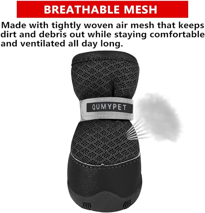 QUMY 4PCS Dog Shoes for Small Dogs, Hot Pavement Summer Puppy Dog Boots & Paw Protectors with Soft Anti-Slip Rubber Sole, Mesh Breathable Dog Booties for Hardfloors, Walking Running Black Size 3