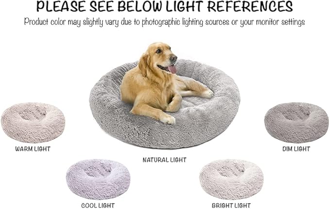 Friends Forever Donut Dog Bed Faux Fur Fluffy Calming Sofa For Large Dogs, Soft & Plush Anti Anxiety Pet Couch For Dogs, Machine Washable Coco Pet Bed with Non-Slip Bottom, 36"x36"x8" Grey