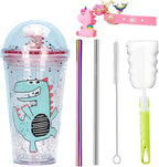Dinosaur Cups with straw Travel Tumblers Water Bottle Ice Mugs Plastic Party Cup Birthday Gift (pink dinosaur, 6.5 * 20 cm)