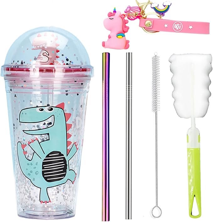 Dinosaur Cups with straw Travel Tumblers Water Bottle Ice Mugs Plastic Party Cup Birthday Gift (pink dinosaur, 6.5 * 20 cm)